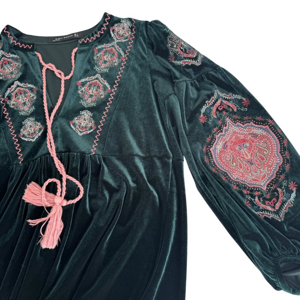 ZARA Woman Dark Green Velvet Embroidered Tunic Dress Size SMALL Boho Romantic